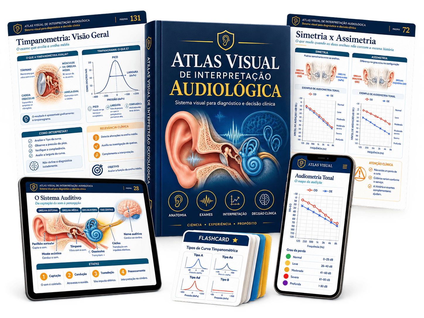 Mockup do Atlas Visual de Interpretação Audiológica com os módulos em PDF